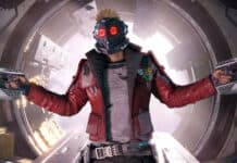 Star Lord stands with glowing eyes and dual weapons in a futuristic setting, HD Desktop Wallpaper