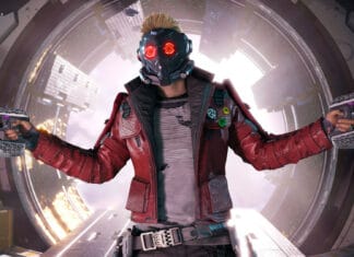 Star Lord stands with glowing eyes and dual weapons in a futuristic setting, HD Desktop Wallpaper