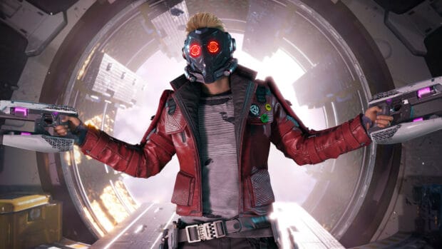 Star Lord stands with glowing eyes and dual weapons in a futuristic setting, HD Desktop Wallpaper