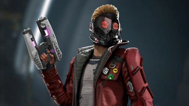 Star Lord holds advanced dual pistols wearing his iconic mask in a dramatic setting, 4K Desktop Wallpaper