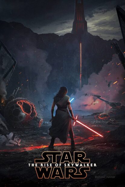A character holding lightsabers stands before a volcanic battlefield in Star Wars The Rise of Skywalker, 2K Mobile Wallpaper