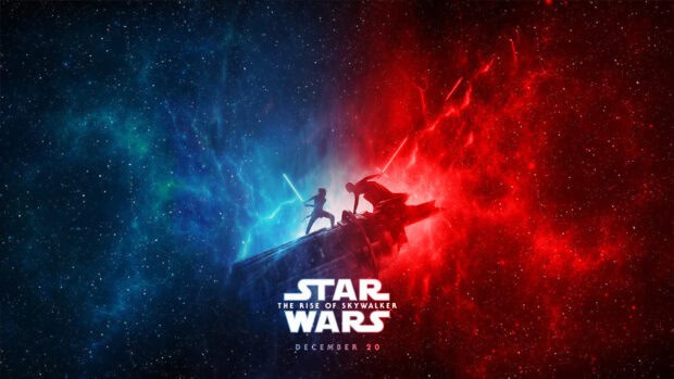 A dramatic lightsaber duel under cosmic blue and red sky in jj abrams wallpapers, 4K Desktop Wallpaper