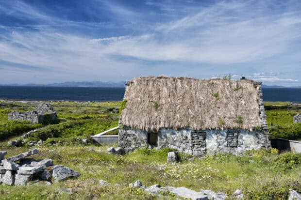 A stone cottage with a thatched roof stands among wildflowers overlooking the sea on the Aran Islands, HD Desktop Wallpaper