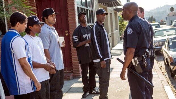 A group is confronted by police officers on a street in Straight Outta Compton, HD Desktop Wallpaper