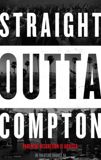 Straight Outta Compton text overlay with palm trees and police officers, 2K Phone Wallpaper