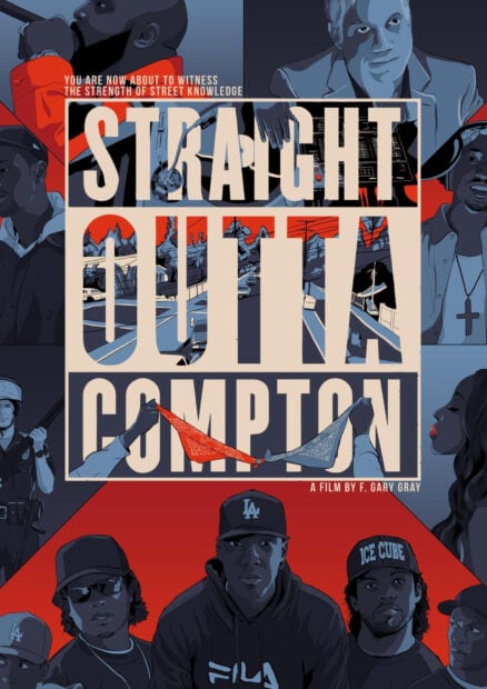 The image shows a stylized illustration of Straight Outta Compton with characters and urban elements, HD Mobile Wallpaper