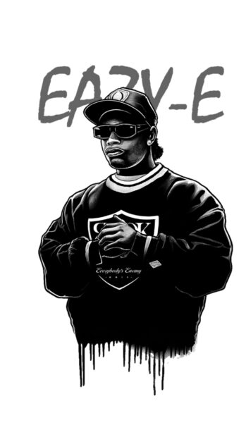 A black and white digital art of a man with sunglasses and cap in a Straight Outta Compton theme, 2K Mobile Wallpaper