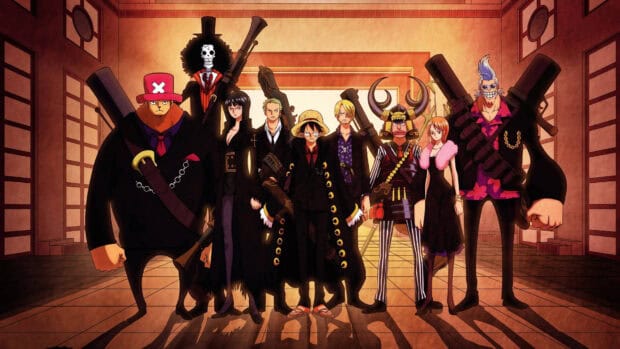 Monkey D Luffy and his crew stand together in formal attire inside an elegant room, 4K Desktop Wallpaper