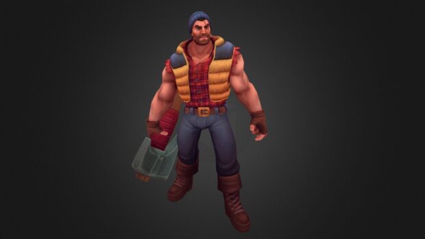 A muscular lumberjack wearing a vest and hat holding a wooden axe, HD Desktop Wallpaper