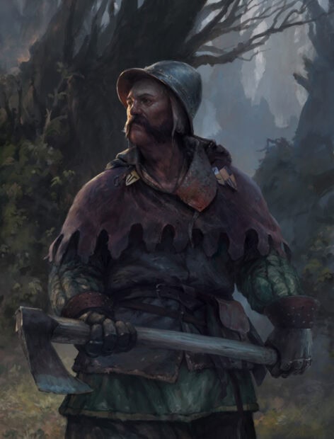 A lumberjack stands alert in a misty forest holding a heavy axe with both hands, ready for work, HD Desktop Wallpaper