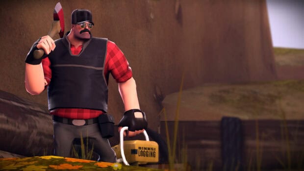 A lumberjack stands confidently with an axe and chainsaw in a forest setting, HD Desktop Wallpaper