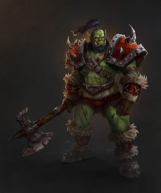 A fierce orc warrior stands ready with a large battle axe in a dark setting, HD Desktop Wallpaper