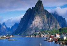 A panoramic view of Norwegian fjords with mountains, water, and small coastal villages, 4K Desktop Wallpaper