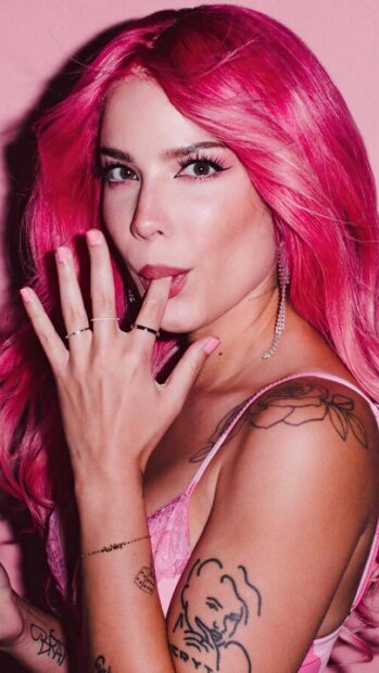 Halsey poses with vibrant pink hair and detailed tattoos in this colorful portrait, HD Mobile Wallpaper