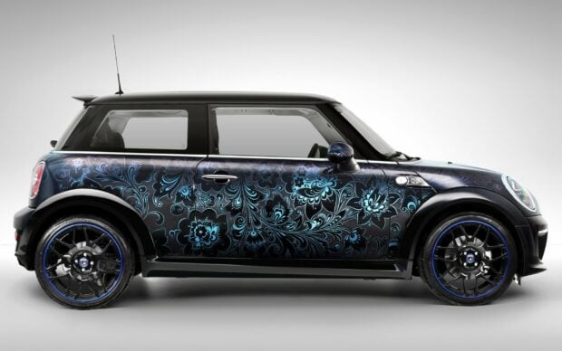 A Mini Cooper with an intricate blue floral pattern on its side, HD Desktop Wallpaper