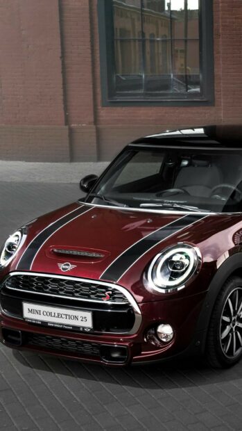 A red Mini Cooper with black racing stripes parked near a brick wall, HD Mobile Wallpaper
