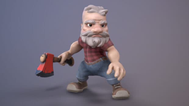 A stylized lumberjack character stands ready holding an axe with a determined expression, 4K Desktop Wallpaper