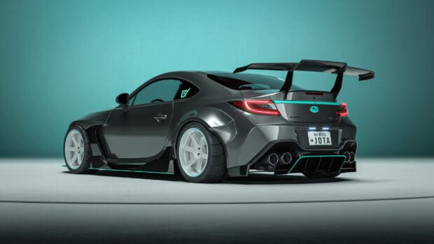 A Subaru Brz with an aggressive rear wing and custom details under blue lighting, 2K Desktop Wallpaper