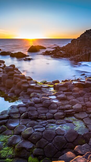 The Giants Causeway displays unique basalt columns under a colorful sunrise sky at the coast, HD Phone Wallpaper