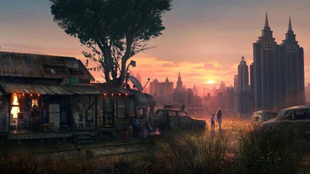 A woman and child walk through a ghost town with overgrown grass and old cars at sunset, HD Desktop Wallpaper