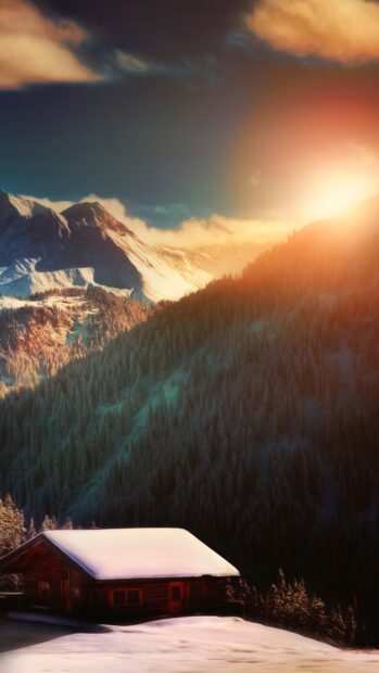 A cozy cabin with a snow covered roof is set against snowy mountains during sunset in Liechtenstein, 4K Phone Wallpaper