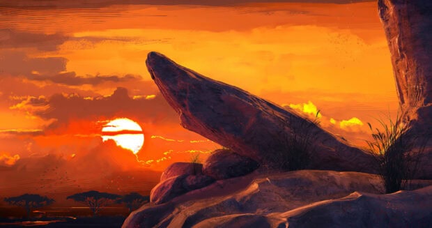 The Lion King features a vibrant sunset with Pride Rock towering over the savannah, The Lion King 4K Desktop Wallpaper