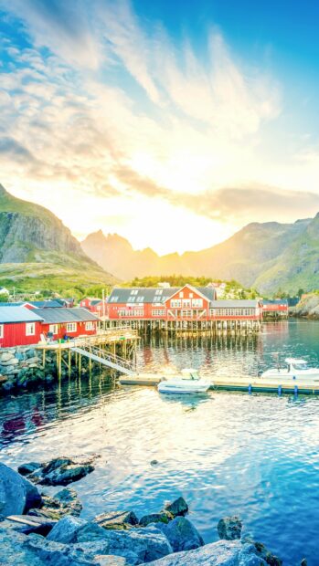 The Norway Wallpapers scene features colorful houses by the water under a bright sunset sky, 4K Phone Wallpaper
