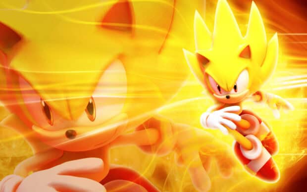 Hyper Sonic is shown running with glowing effects and intense focus, HD Desktop Wallpaper