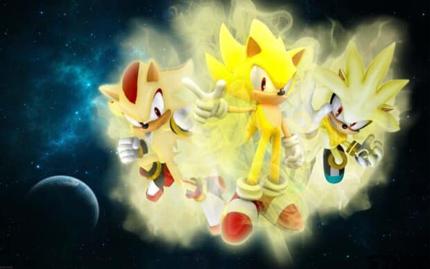 Three Hyper Sonic characters glowing with energy in space, HD Desktop Wallpaper