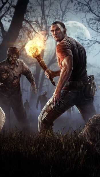 A man holds a flaming torch while facing approaching zombies at night in H1Z1 Wallpapers, HD Phone Wallpaper