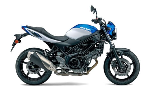 A blue and silver Suzuki SV650 motorcycle is shown from the side in detail, HD Desktop Wallpaper