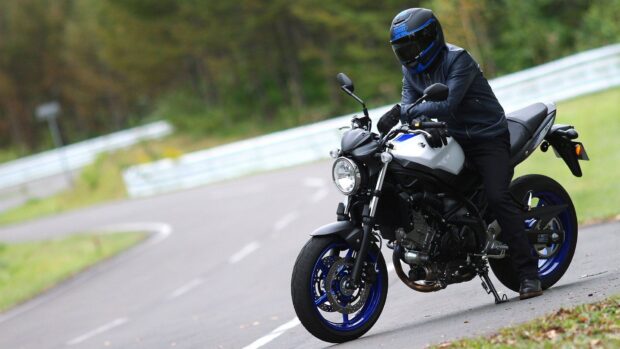 A rider wearing protective gear on a Suzuki Sv650 motorcycle on a curved road surrounded by greenery, HD Desktop Wallpaper