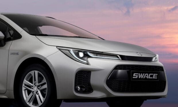The Suzuki Swace is shown with a glowing headlight during sunset, HD Desktop Wallpaper