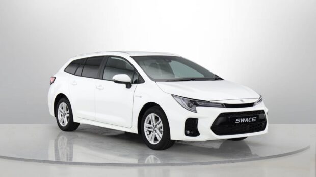 A white Suzuki Swace is shown from the side on a reflective surface, HD Desktop Wallpaper