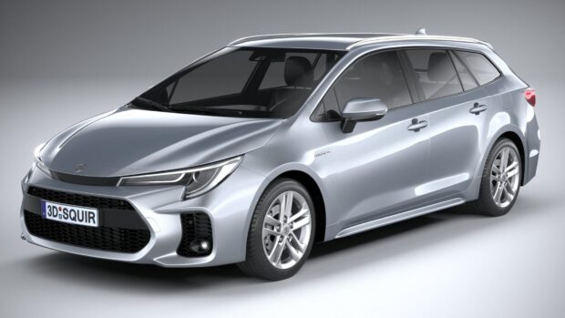 A silver Suzuki Swace hybrid car is shown in a studio setting from the front side view, HD Desktop Wallpaper