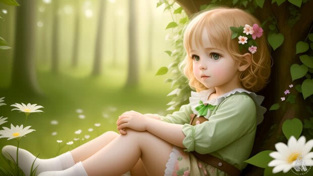 A cool girly wallpapers showing a thoughtful girl with flowers in her hair sitting peacefully under a tree, 4K Desktop Wallpaper