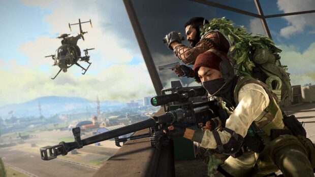 A sniper and a soldier are preparing to attack while a helicopter approaches in the distance in shooter game wallpapers, HD Desktop Wallpaper