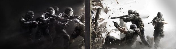 A group of tactical operatives uses weapons to break through a barricade in an intense shooter game scene, 4K Desktop Wallpaper