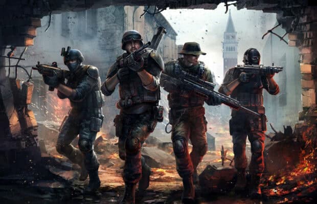 A tactical team is advancing through a destroyed urban area with weapons ready in this shooter game, 2K Desktop Wallpaper