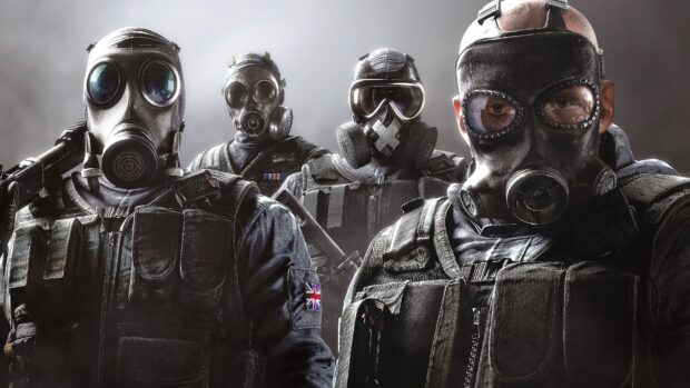 A group of soldiers in tactical gear wearing gas masks in a shooter game scene, 4K Desktop Wallpaper