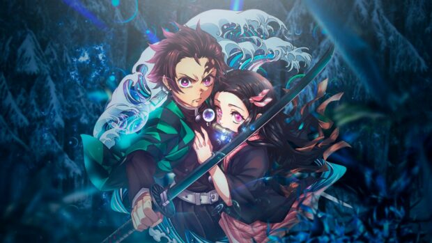 Tanjiro and Nezuko from Demon Slayer Kimetsu No Yaiba are ready for battle with water waves behind, HD Desktop Wallpaper