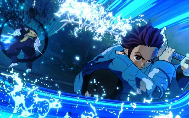 Tanjiro Kamado attacks a demon with a sword surrounded by blue water effects, 2K Desktop Wallpaper