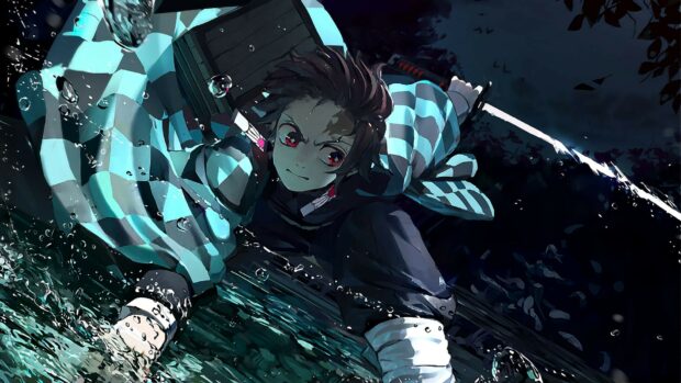 Tanjiro is shown in a dynamic pose with water effects during a battle scene, HD Desktop Wallpaper