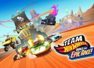 Hot Wheels racing cars speeding through a desert track in an animated scene, HD Desktop Wallpaper