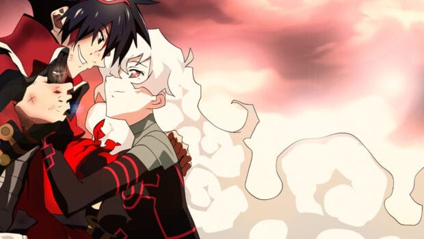 Two characters from Tengen Toppa Gurren Lagann embrace under a red sky, HD Desktop Wallpaper