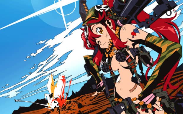The red haired character from Tengen Toppa Gurren Lagann stands ready in a battle scene, HD Desktop Wallpaper