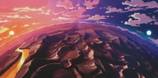 A dramatic sunset view of a rugged planet with a glowing river under vibrant skies in Tengen Toppa Gurren Lagann, 2K Desktop Wallpaper
