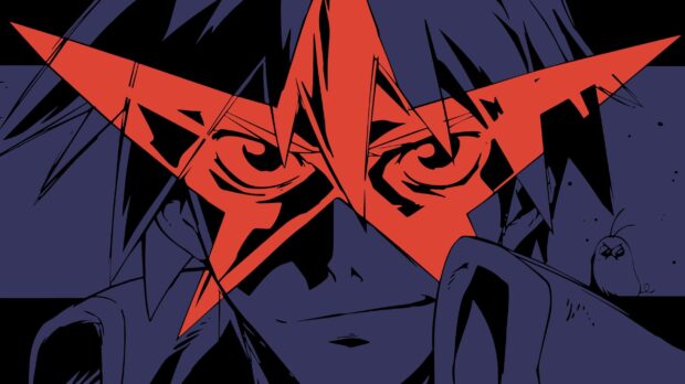 The character is shown with a red star shaped mask and intense eyes, HD Desktop Wallpaper