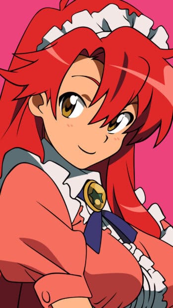 A detailed close up of a Tengen Toppa Gurren Lagann character with red hair and a pink background, HD Phone Wallpaper