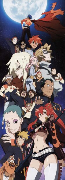 The main characters of Tengen Toppa Gurren Lagann stand together under the moonlit sky, 2K Phone Wallpaper